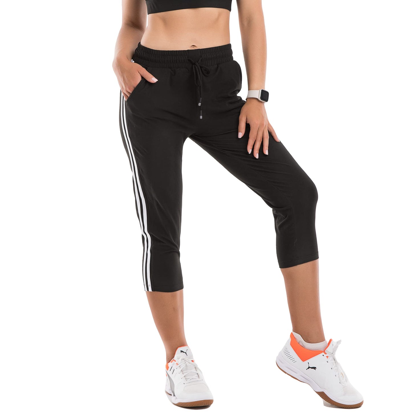 Stanpetix Capri Pants for Women UK - Women's Sport Pants with Pockets Running Joggers Sweatpants(Black with White Stripe,Capri,M)